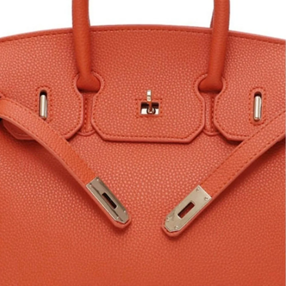 Structured Orange Leather Top-Handle Satchel with Gold-Tone Hardware